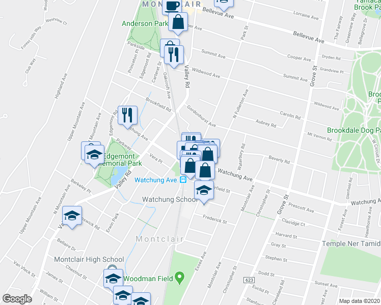 map of restaurants, bars, coffee shops, grocery stores, and more near 258 Park Street in Montclair