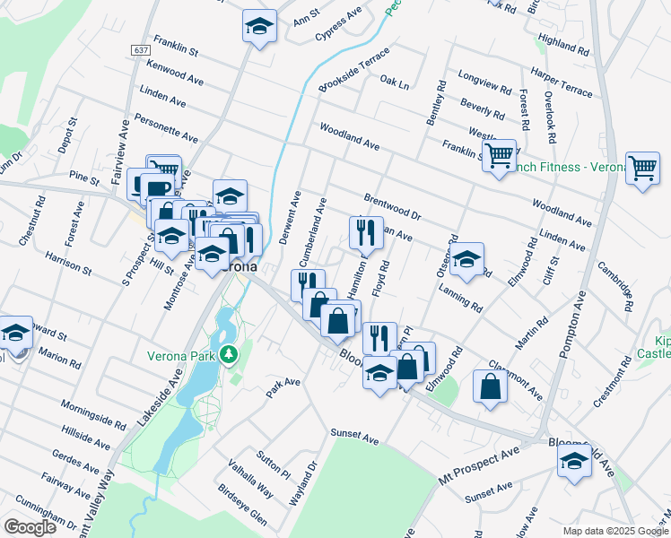 map of restaurants, bars, coffee shops, grocery stores, and more near 36 Hamilton Road in Verona