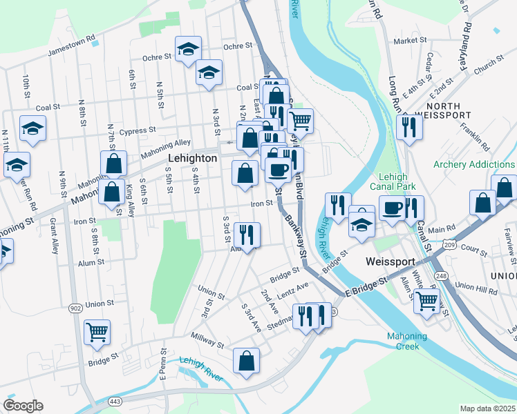 map of restaurants, bars, coffee shops, grocery stores, and more near 134 Iron Street in Lehighton