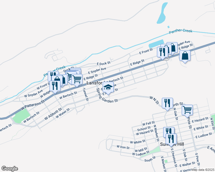 map of restaurants, bars, coffee shops, grocery stores, and more near 205 East Kline Avenue in Lansford