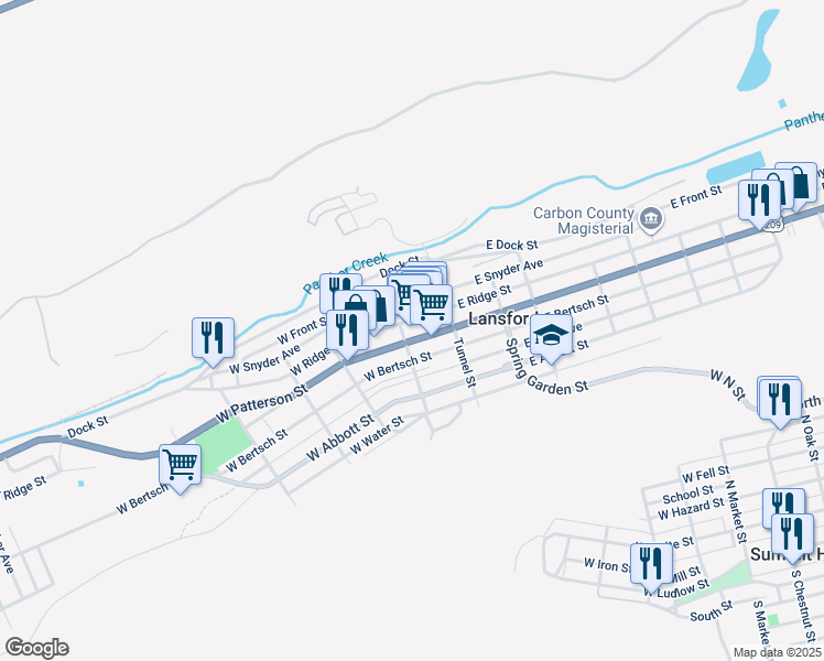 map of restaurants, bars, coffee shops, grocery stores, and more near 100 West Ridge Street in Lansford