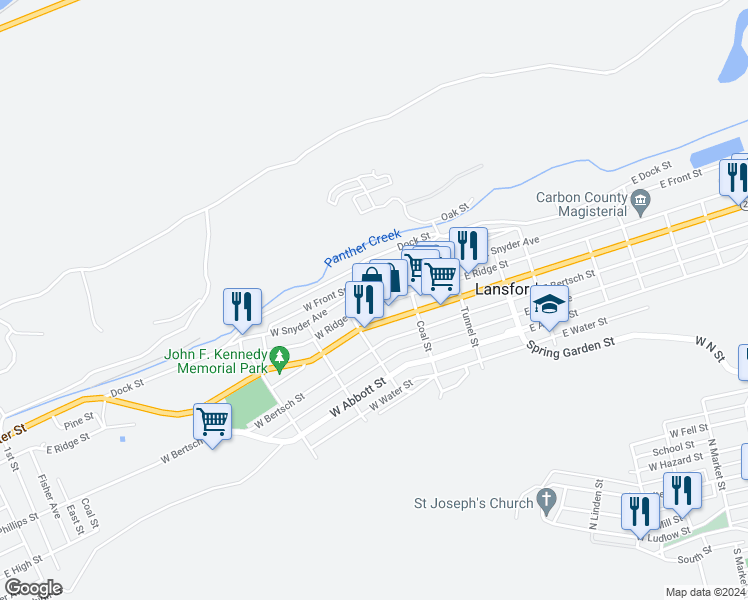 map of restaurants, bars, coffee shops, grocery stores, and more near 141 West Ridge Street in Lansford