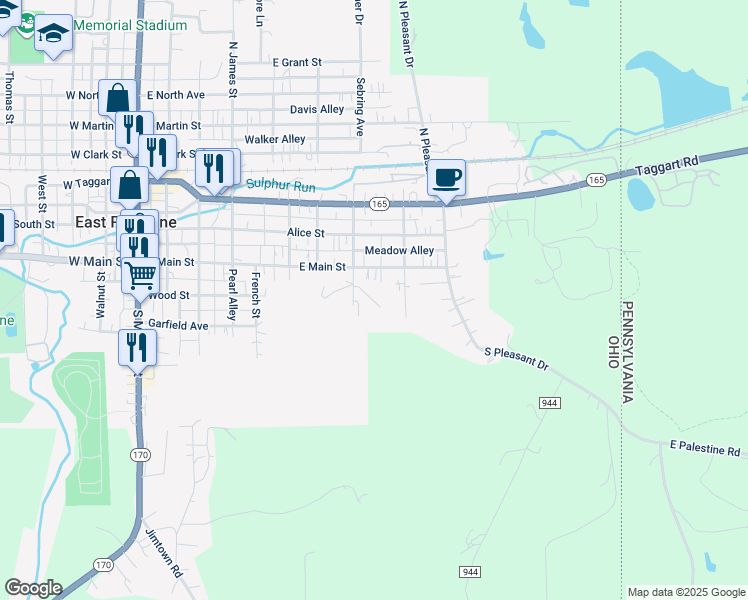 map of restaurants, bars, coffee shops, grocery stores, and more near 615 1/2 East Main Street in East Palestine