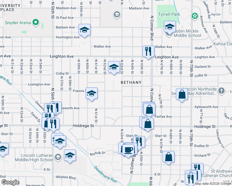 map of restaurants, bars, coffee shops, grocery stores, and more near 6255 Francis Street in Lincoln