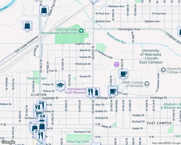 map of restaurants, bars, coffee shops, grocery stores, and more near 3281 Fair Street in Lincoln