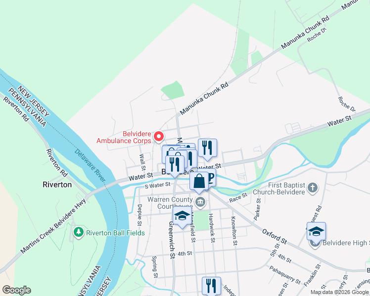 map of restaurants, bars, coffee shops, grocery stores, and more near 194 Market Street in Belvidere
