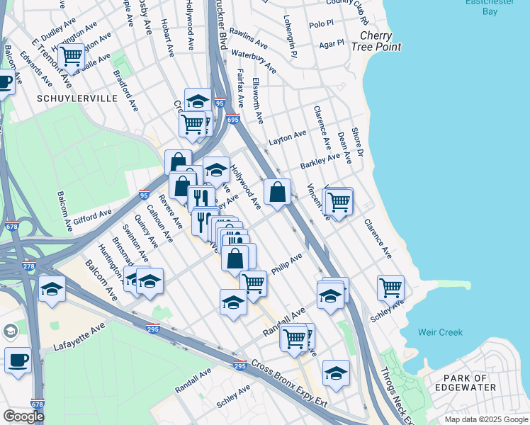 map of restaurants, bars, coffee shops, grocery stores, and more near 3051 Lafayette Avenue in Bronx