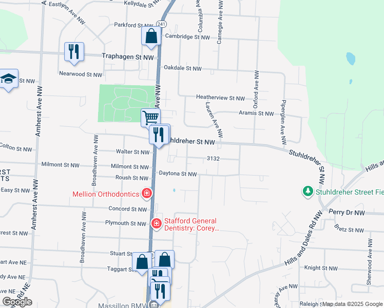 map of restaurants, bars, coffee shops, grocery stores, and more near 3448 Malabu Avenue Northwest in Massillon