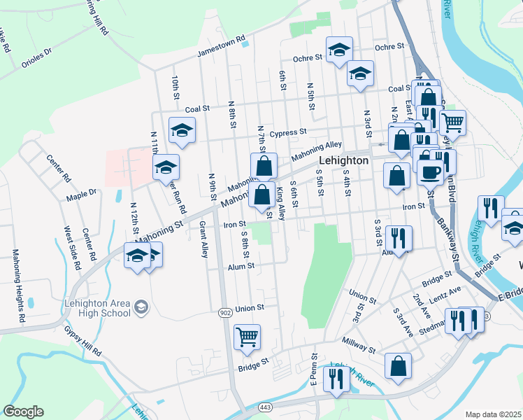 map of restaurants, bars, coffee shops, grocery stores, and more near 136 S 7th St in Lehighton