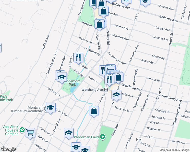 map of restaurants, bars, coffee shops, grocery stores, and more near 83 Watchung Avenue in Montclair