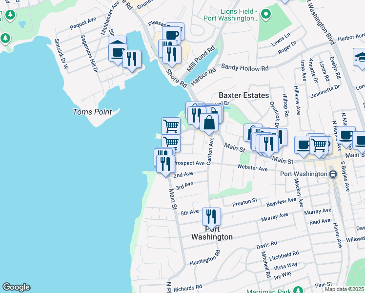 map of restaurants, bars, coffee shops, grocery stores, and more near 12 Covert Street in Port Washington