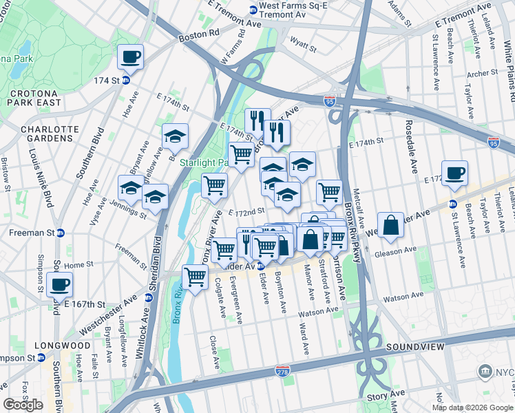 map of restaurants, bars, coffee shops, grocery stores, and more near 1525 East 172nd Street in Bronx