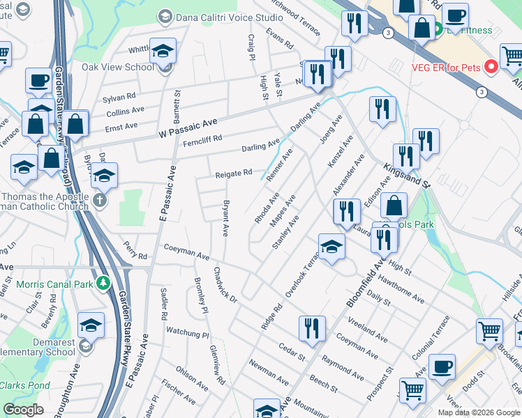 map of restaurants, bars, coffee shops, grocery stores, and more near 95 Rhoda Ave in Nutley