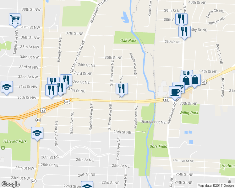 map of restaurants, bars, coffee shops, grocery stores, and more near 1524 31st Street Northeast in Canton