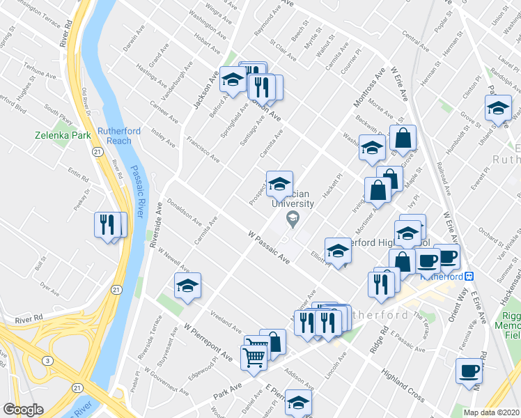 map of restaurants, bars, coffee shops, grocery stores, and more near 204 Hollister Avenue in Rutherford
