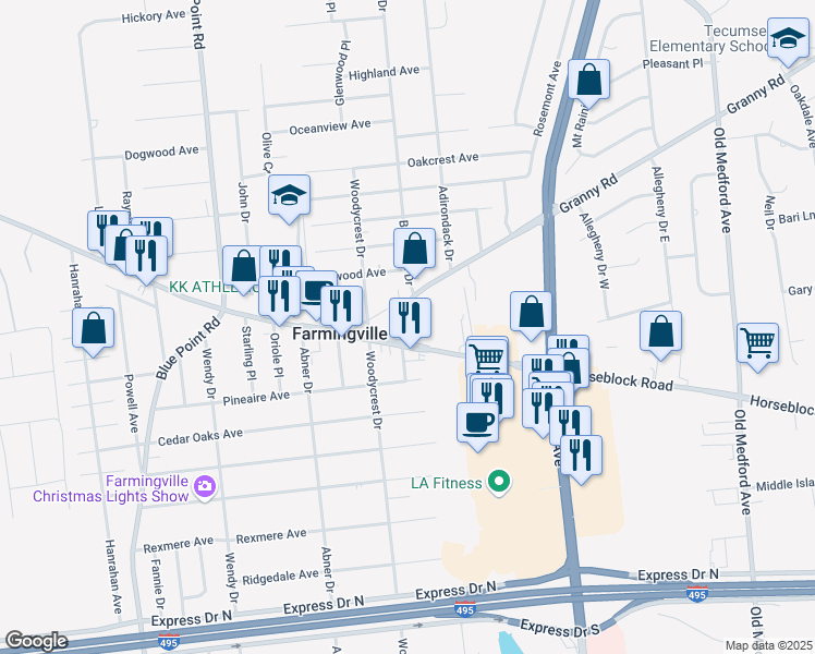 map of restaurants, bars, coffee shops, grocery stores, and more near 2 Greenlawn Place in Farmingville