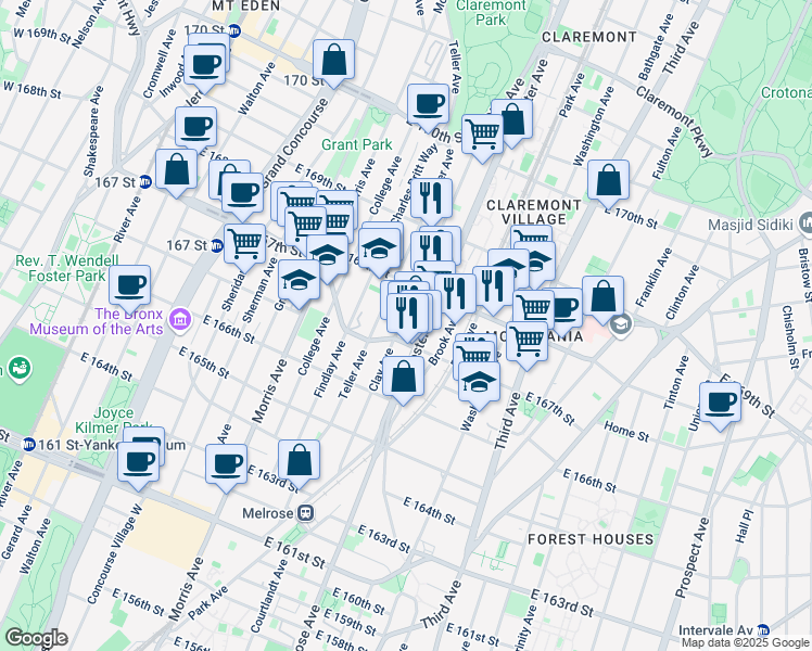 map of restaurants, bars, coffee shops, grocery stores, and more near 1174 Clay Avenue in The Bronx