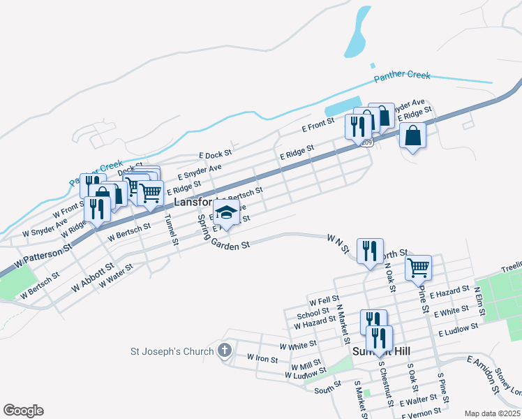 map of restaurants, bars, coffee shops, grocery stores, and more near 257 East Abbott Street in Lansford