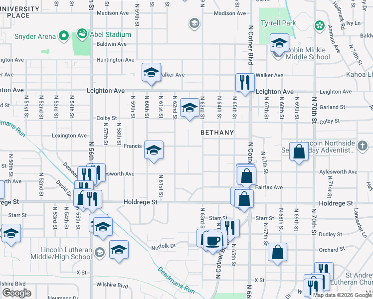 map of restaurants, bars, coffee shops, grocery stores, and more near 6255 Francis Street in Lincoln