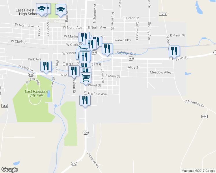 map of restaurants, bars, coffee shops, grocery stores, and more near 189 Wood Street in East Palestine
