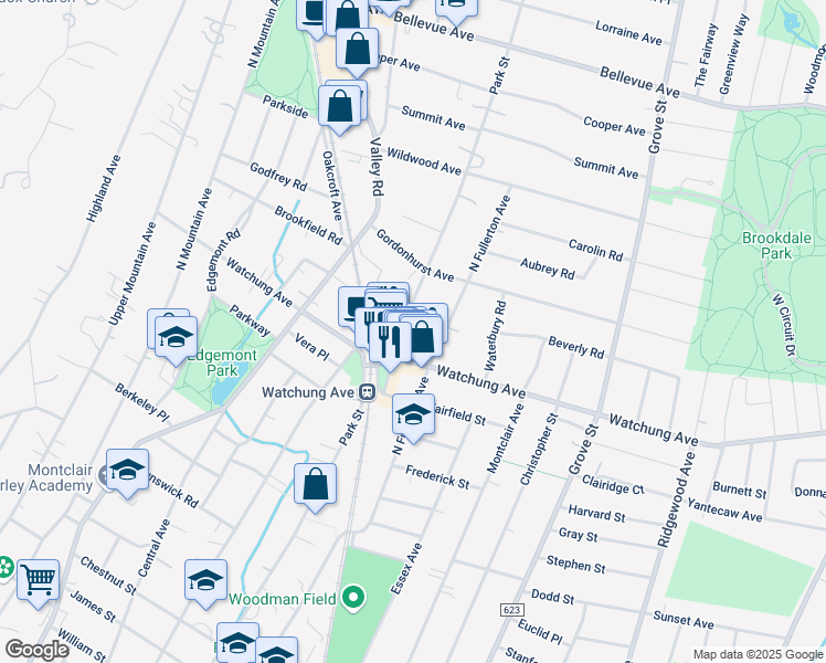 map of restaurants, bars, coffee shops, grocery stores, and more near 259 Park Street in Montclair