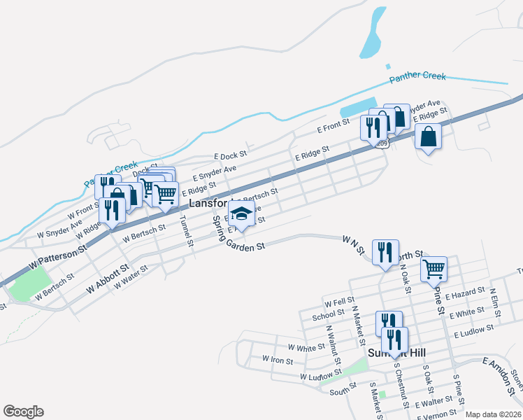 map of restaurants, bars, coffee shops, grocery stores, and more near 246 East Kline Avenue in Lansford