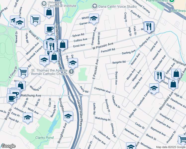 map of restaurants, bars, coffee shops, grocery stores, and more near 628 East Passaic Avenue in Bloomfield