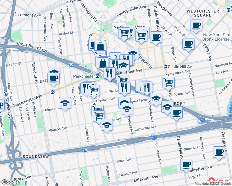 map of restaurants, bars, coffee shops, grocery stores, and more near 1970 Ellis Ave in Bronx