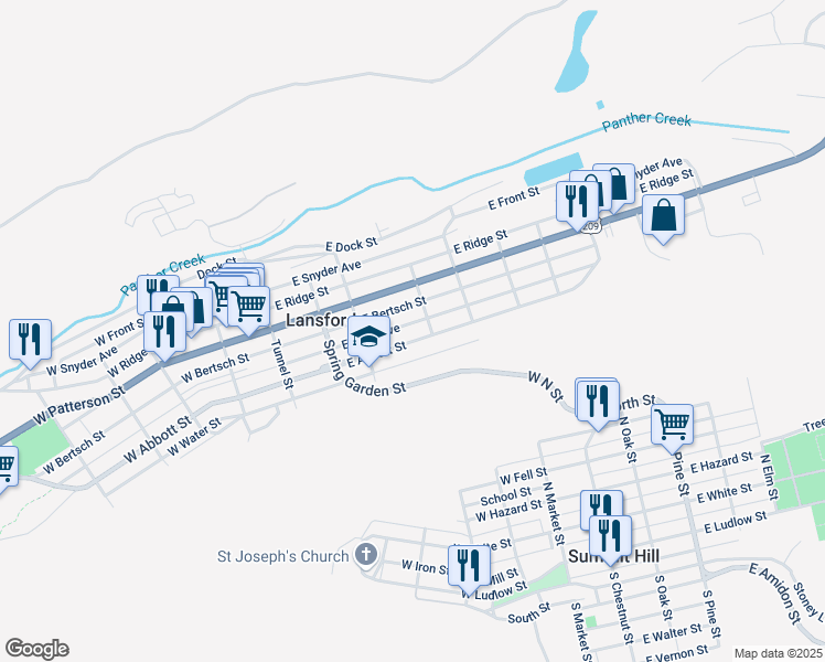 map of restaurants, bars, coffee shops, grocery stores, and more near 246 East Kline Avenue in Lansford