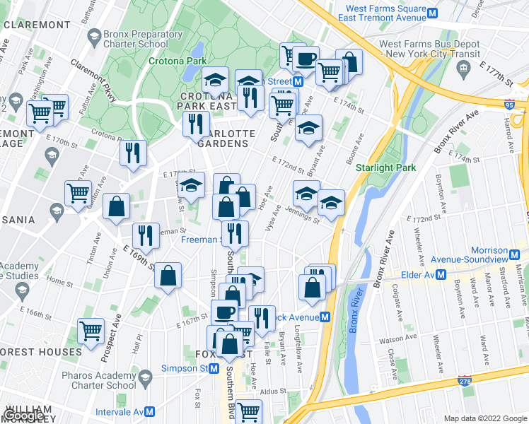 map of restaurants, bars, coffee shops, grocery stores, and more near 1312 Hoe Avenue in Bronx