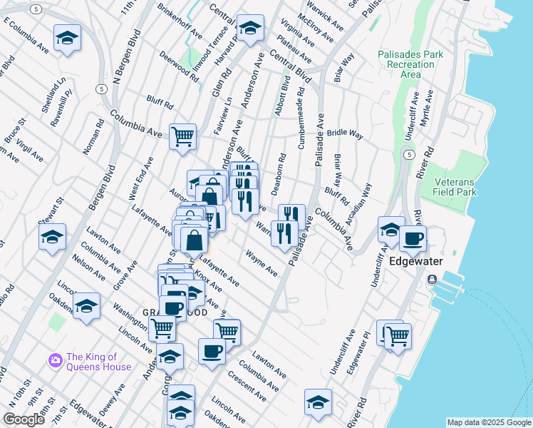 map of restaurants, bars, coffee shops, grocery stores, and more near 246 Columbia Avenue in Fort Lee
