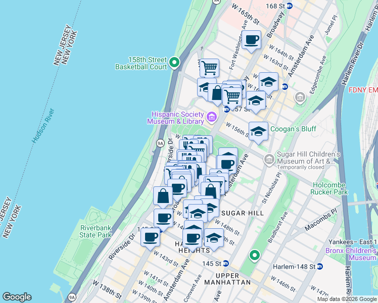 map of restaurants, bars, coffee shops, grocery stores, and more near 615 West 152nd Street in New York