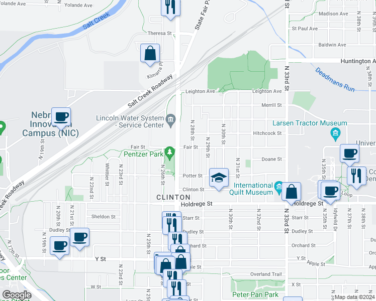 map of restaurants, bars, coffee shops, grocery stores, and more near 1827 North 28th Street in Lincoln
