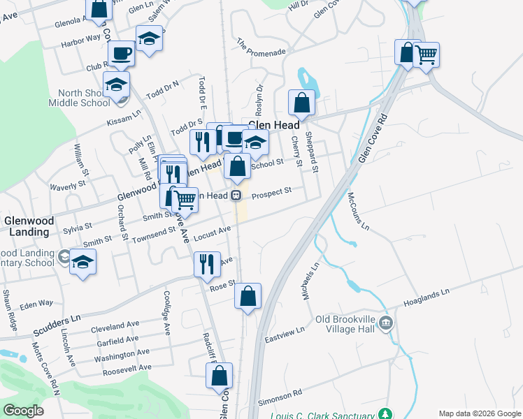 map of restaurants, bars, coffee shops, grocery stores, and more near 46 Locust Ave in Glen Head
