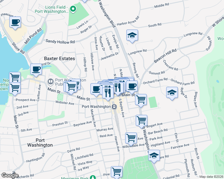 map of restaurants, bars, coffee shops, grocery stores, and more near 13 Herbert Avenue in Port Washington
