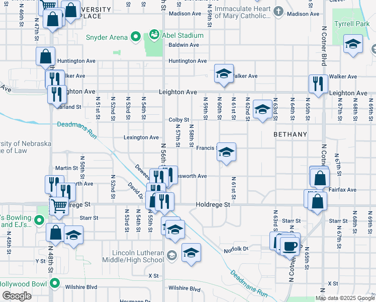 map of restaurants, bars, coffee shops, grocery stores, and more near 1845 North 58th Street in Lincoln