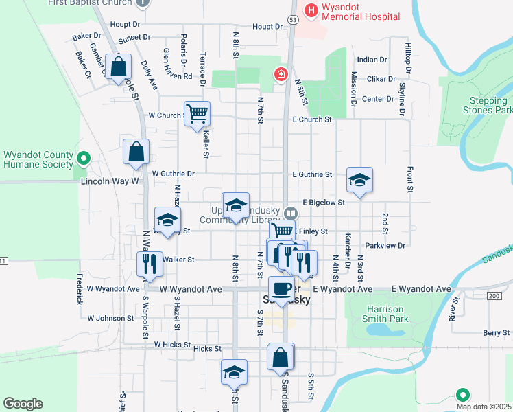 map of restaurants, bars, coffee shops, grocery stores, and more near 334 North 7th Street in Upper Sandusky