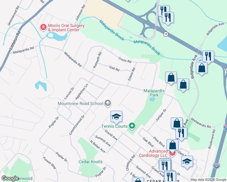 map of restaurants, bars, coffee shops, grocery stores, and more near 10 Mountview Road in Morris Plains