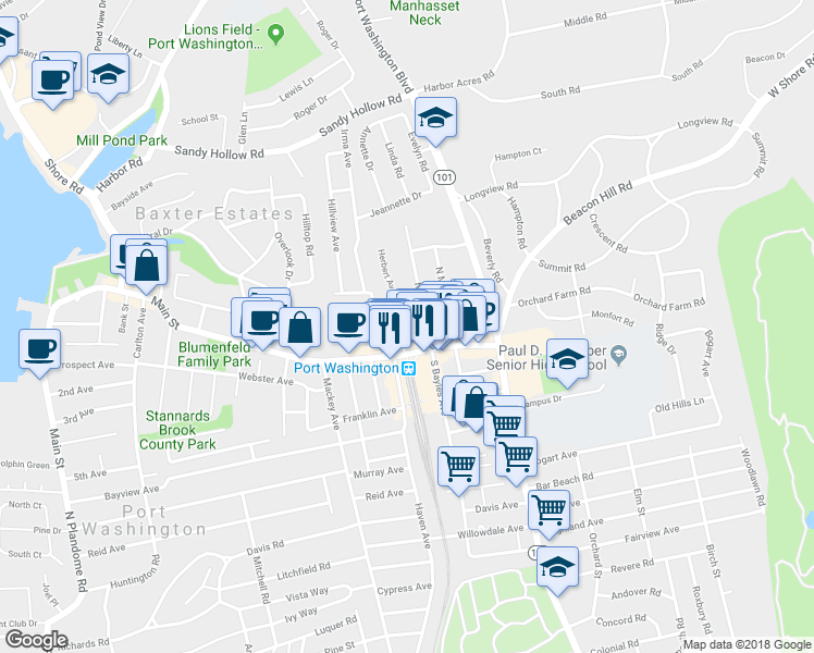 map of restaurants, bars, coffee shops, grocery stores, and more near 13 Herbert Avenue in Port Washington