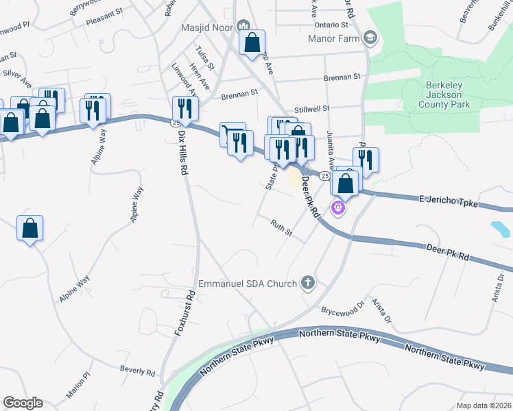 map of restaurants, bars, coffee shops, grocery stores, and more near 39 State Place in Huntington