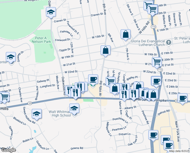 map of restaurants, bars, coffee shops, grocery stores, and more near 158 11th Avenue in Huntington Station