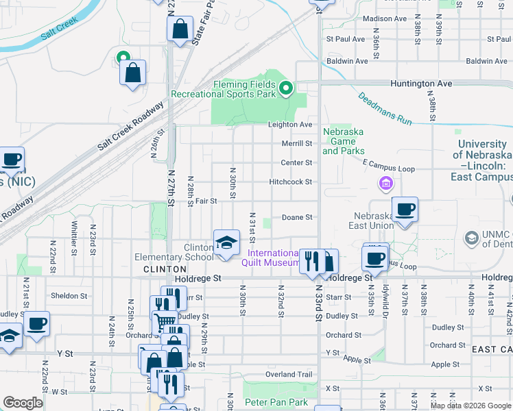 map of restaurants, bars, coffee shops, grocery stores, and more near 1844 North 31st Street in Lincoln
