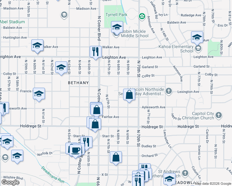 map of restaurants, bars, coffee shops, grocery stores, and more near 1825 North 68th Street in Lincoln