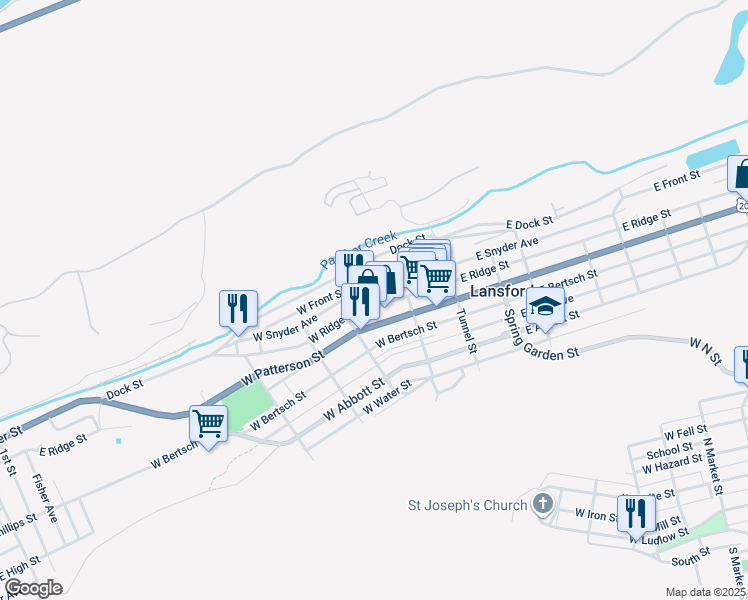 map of restaurants, bars, coffee shops, grocery stores, and more near 139 W Ridge St in Lansford