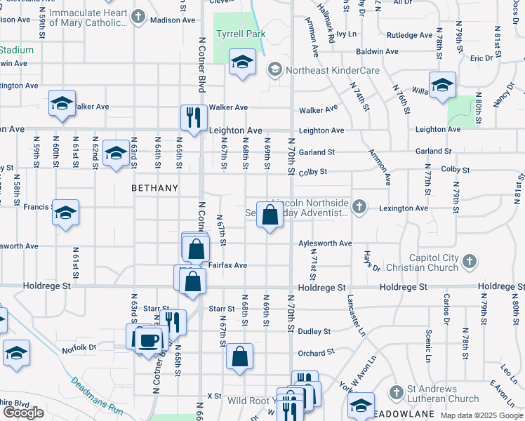 map of restaurants, bars, coffee shops, grocery stores, and more near 1825 North 69th Street in Lincoln