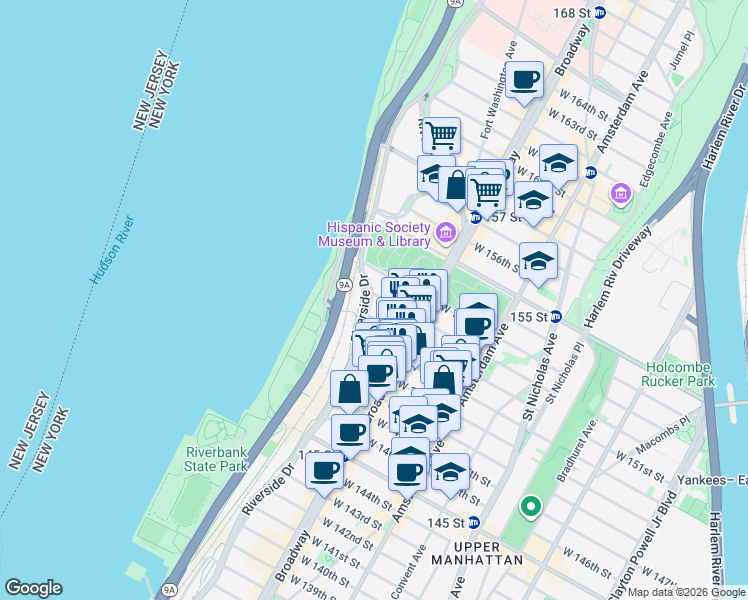 map of restaurants, bars, coffee shops, grocery stores, and more near 747 Riverside Drive in New York