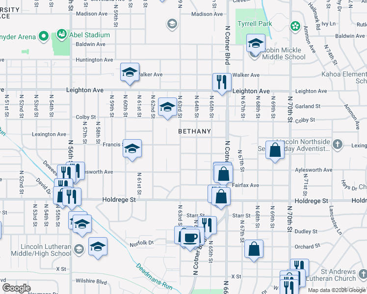 map of restaurants, bars, coffee shops, grocery stores, and more near 1840 N 63rd St in Lincoln