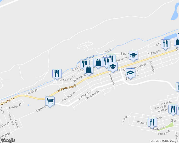 map of restaurants, bars, coffee shops, grocery stores, and more near 139 W Ridge St in Lansford