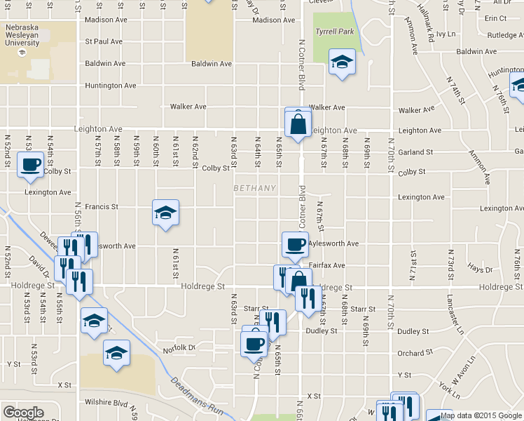 map of restaurants, bars, coffee shops, grocery stores, and more near 1810 North 64th Street in Lincoln