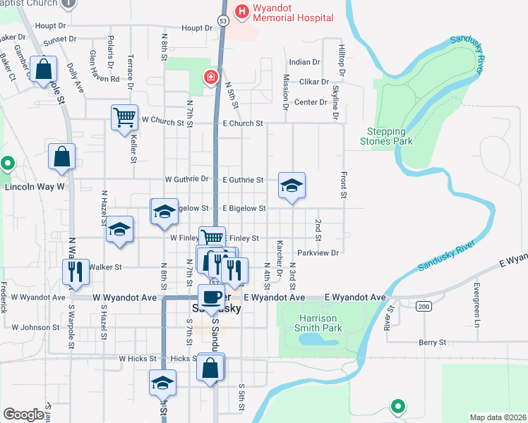 map of restaurants, bars, coffee shops, grocery stores, and more near 334 North 4th Street in Upper Sandusky